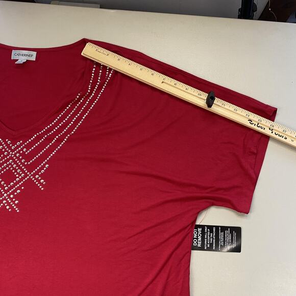 Catherines Top 3X Red Rhinestone Embellished V Neck Dolman Slinky Knit Glam - Picture 6 of 13